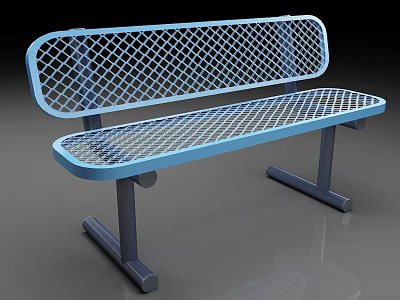 Blue Metal Bench With Mesh Backrest And Seat On Black Frame And Gray Floor 3d model