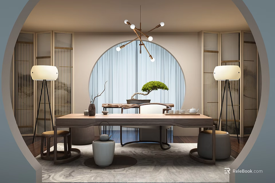 Traditional Chinese Tea Table and Chairs With Arched Window Chandelier and Potted Plant 3d model 