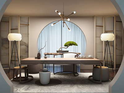 Traditional Chinese Tea Table and Chairs With Arched Window Chandelier and Potted Plant 3d model