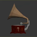 Vintage Gramophone Design With Brass Horn Wooden Base And Turntable