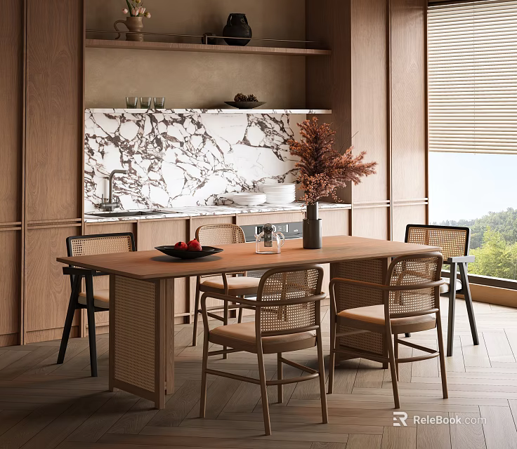 Modern Wooden Dining Table Set With Rattan Chairs Marble Backsplash And Potted Plant 3d model 