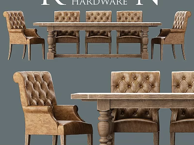 Classic Style Wooden Dining Table With Carved Legs And Tufted Leather Chairs Set 3d model