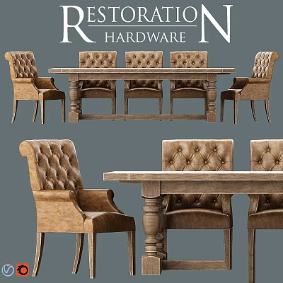Classic Style Wooden Dining Table With Carved Legs And Tufted Leather Chairs Set 3d model