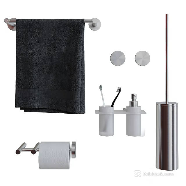 Bathroom Accessories With Towel Rack Black Towel Toilet Brush Soap Dispenser And Toilet Paper Holder 3d model 