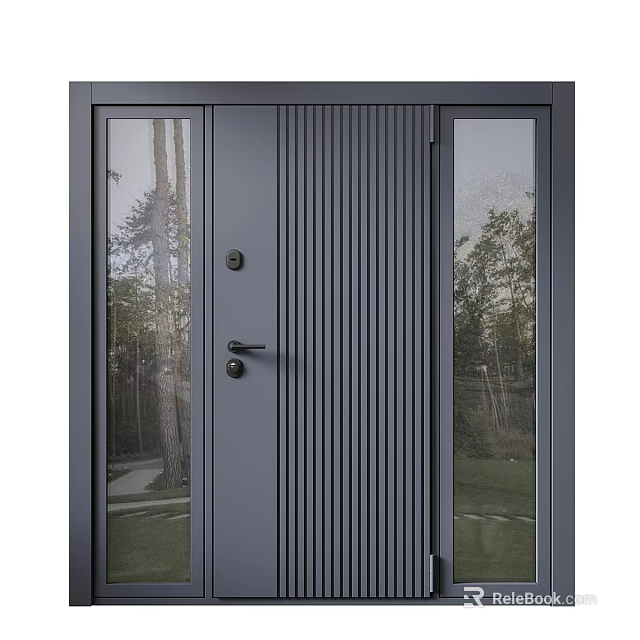 Dark Gray Front Door With Vertical Grooves And Glass Side Panels 3d model 
