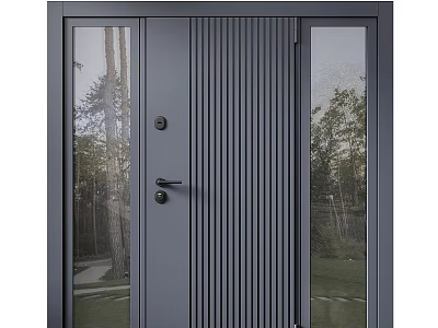 Dark Gray Front Door With Vertical Grooves And Glass Side Panels 3d model
