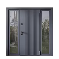 Dark Gray Front Door With Vertical Grooves And Glass Side Panels