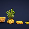 Fresh Ripe Pineapples With Green Leaves Whole And Sliced Pieces On Dark Background