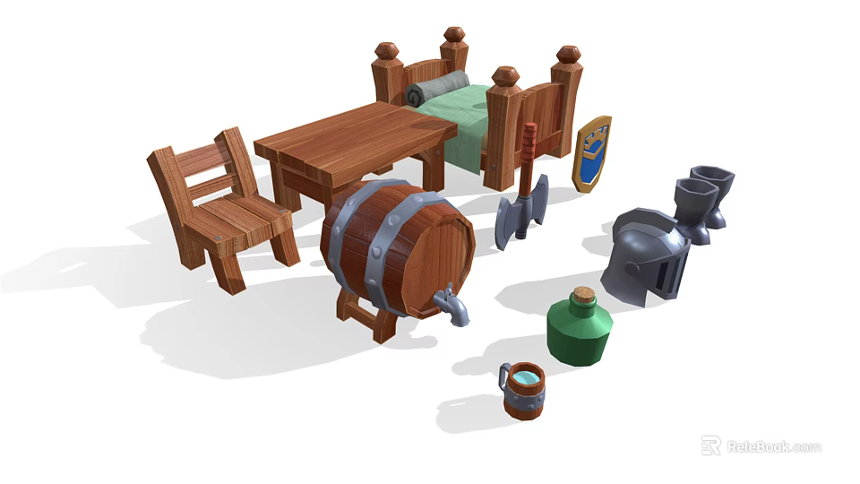 Vintage Medieval Style Decorative Ornament Set Including Wooden Bed Table Chair Barrel Shield Helmet 3d model 