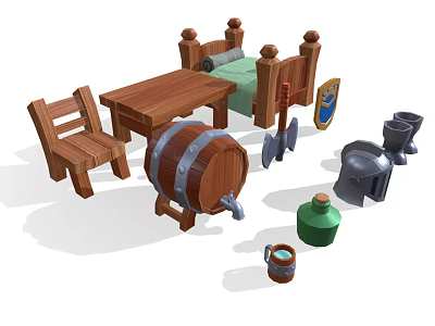 Vintage Medieval Style Decorative Ornament Set Including Wooden Bed Table Chair Barrel Shield Helmet 3d model