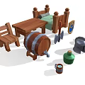 Vintage Medieval Style Decorative Ornament Set Including Wooden Bed Table Chair Barrel Shield Helmet