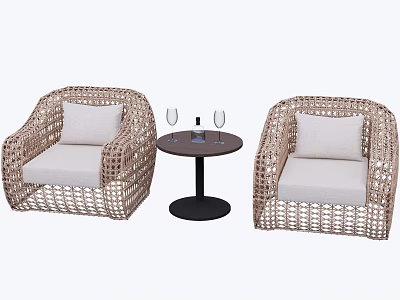 Garden Landscape Featuring Wicker Chairs with Cushions and Small Round Table with Wine Glasses 3d model