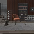 Three Stylish Lounge Chairs in Cozy Interior with Wooden Wall Bookshelf Floor Lamp and Window