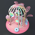 Sweet Treats Display With Pink Cage Shaped Structure Featuring Ice Cream Lollipop Donut Rainbow Balloons