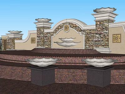 Classical Plaza Landscape With Stone Wall Decorative Columns And Ornate Fountains 3d model