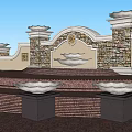 Classical Plaza Landscape With Stone Wall Decorative Columns And Ornate Fountains