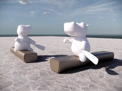 Cartoon Animal Figures on Landscape Seats with Paddles by Coastal Stone Pavement 3d model