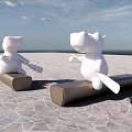 Cartoon Animal Figures on Landscape Seats with Paddles by Coastal Stone Pavement