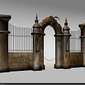 Classical Stone Entrance Gate with Iron Railings Arched Design and Decorative Pillars