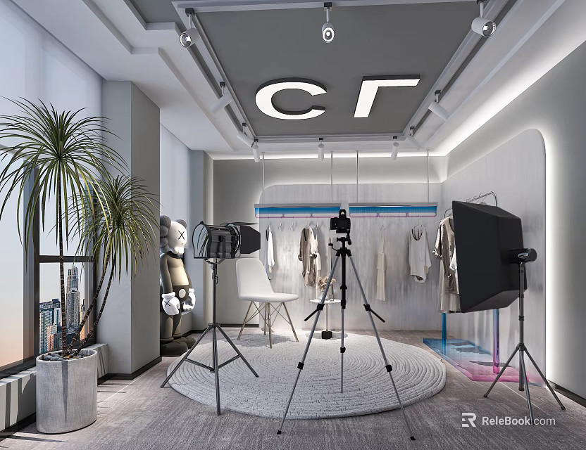 Public Office Space With CF Logo Tripods Cameras Hanging Clothes And Large Potted Plant 3d model 