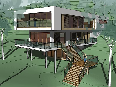 Modern Single Family House With Wooden Stairs And Glass Balcony In Wooded Area 3d model