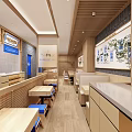 Warm Restaurant Interior With Wooden Elements Blue Signage Open Layout And Seating Area