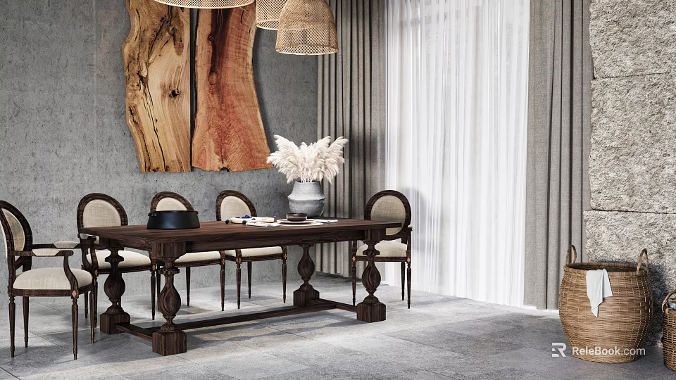 Elegant Wooden Dining Table Set With Chairs Against Gray Wall And Wooden Artwork White Plants 3d model 