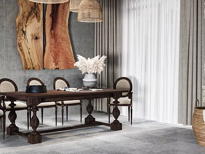 Elegant Wooden Dining Table Set With Chairs Against Gray Wall And Wooden Artwork White Plants 3d model