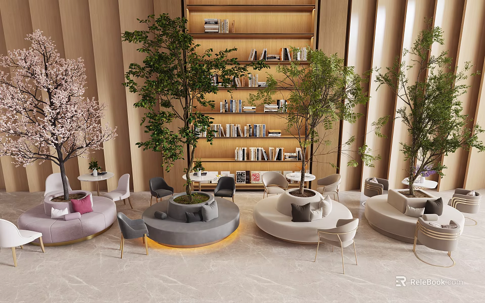 Cozy Modern Round Banquette Sofa Space With Green Plants And Bookshelf 3d model 