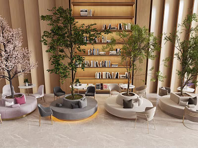 Cozy Modern Round Banquette Sofa Space With Green Plants And Bookshelf 3d model
