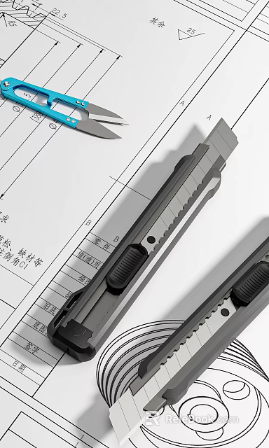 Utility Knife And Measuring Tools On Engineering Blueprint For Precision Crafting Tasks 3d model 