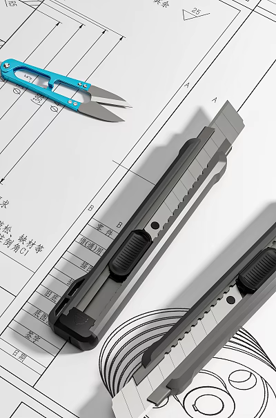 Utility Knife And Measuring Tools On Engineering Blueprint For Precision Crafting Tasks 3d model