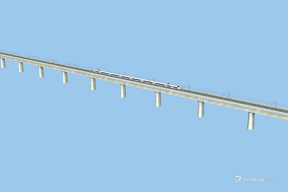 Modern Railway Bridge With High Speed Train And Concrete Piers Structure 3d model