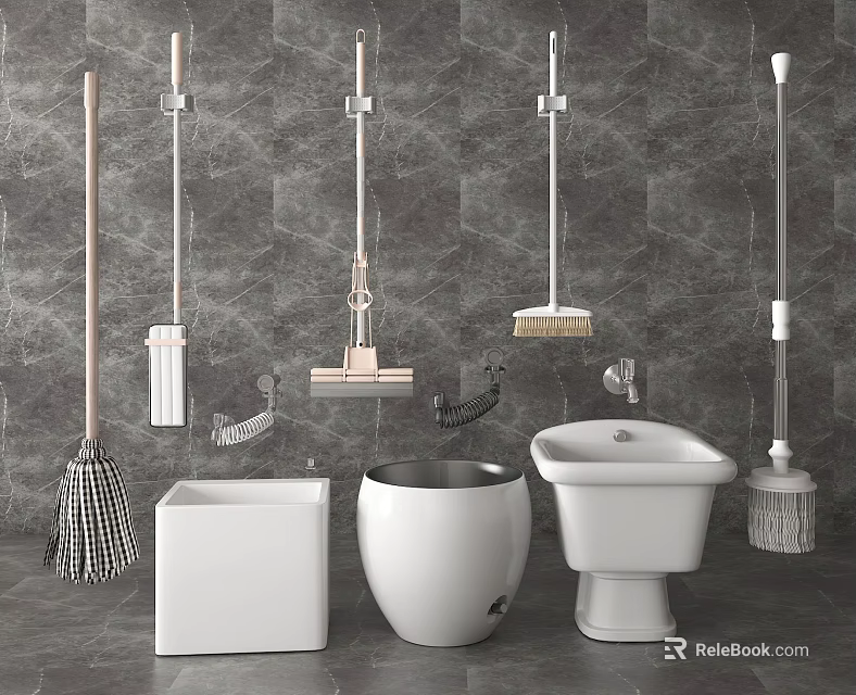 Bathroom Cleaning Tools Set With Toilet Trash Can Mop Broom And Brush 3d model 