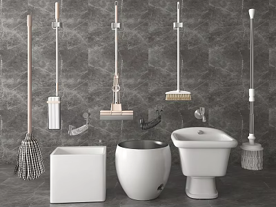 Bathroom Cleaning Tools Set With Toilet Trash Can Mop Broom And Brush 3d model
