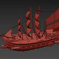 Vintage Wooden Ship With Red Sails Multiple Masts And Decorative Details