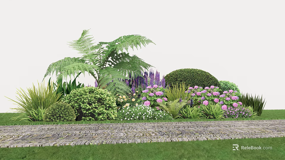 Lush Green Bushes With Ferns Purple Flowers And Pink Blooms Along Stone Pathway 3d model 