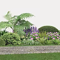 Lush Green Bushes With Ferns Purple Flowers And Pink Blooms Along Stone Pathway