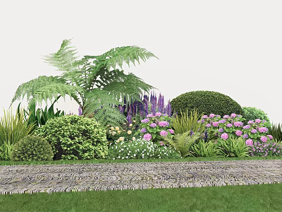 Lush Green Bushes With Ferns Purple Flowers And Pink Blooms Along Stone Pathway 3d model
