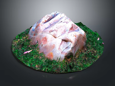 Natural Large Rock Surrounded By Lush Green Grass And Pink Leaves 3d model