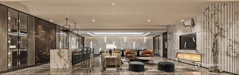 Elegant Hotel Public Lounge Interior With Comfortable Sofas Coffee Tables And Modern Lighting 3d model