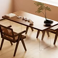 Minimalist Wooden Tea Table and Chairs with Rattan Chair Tea Sets Book and Potted Plant