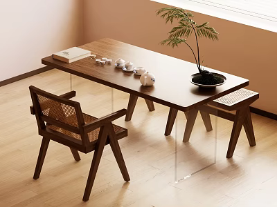 Minimalist Wooden Tea Table and Chairs with Rattan Chair Tea Sets Book and Potted Plant 3d model