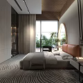 Elegant Modern Bedroom Interior With Brown Headboard Gray Bedding Round Mirror And Pendant Lights