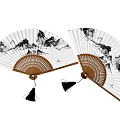 Chinese Ink Landscape Fans Hanging Decor with Brown Handle and Black Tassel