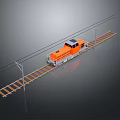 Orange Electric Train Moving on Railway Tracks with Overhead Power Lines