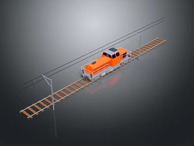 Orange Electric Train Moving on Railway Tracks with Overhead Power Lines 3d model