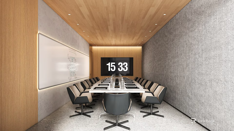 Modern Conference Room With Wooden Ceiling Gray Walls Long Table Black Chairs And Whiteboard 3d model 