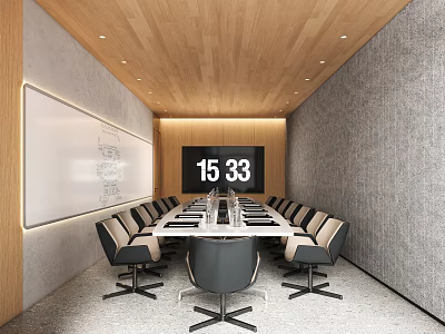 Modern Conference Room With Wooden Ceiling Gray Walls Long Table Black Chairs And Whiteboard 3d model