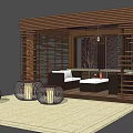 Cozy Wooden Pergola Seating Area With Sofas Coffee Table Hanging Lamp And Tree Pattern Backdrop